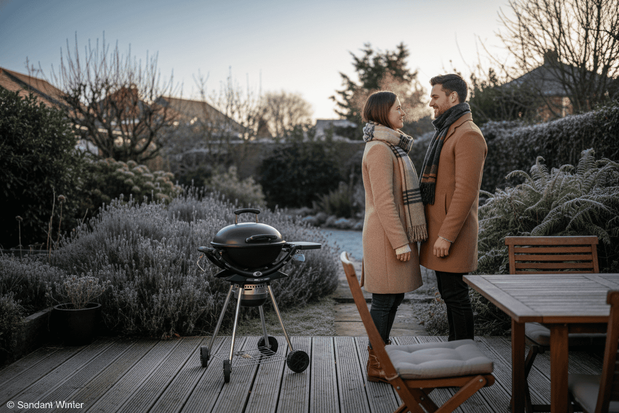 A photorealistic image of a cozy winter garden gathering in the UK. A modern, compact electric BBQ sits on a wooden deck in the mid-ground. In the background, a couple in warm winter outdoor wear shares a quiet moment, their breath faintly visible in the cool air. The garden features frost-kissed lavender and hardy ferns under a late afternoon sun casting a warm, golden glow.