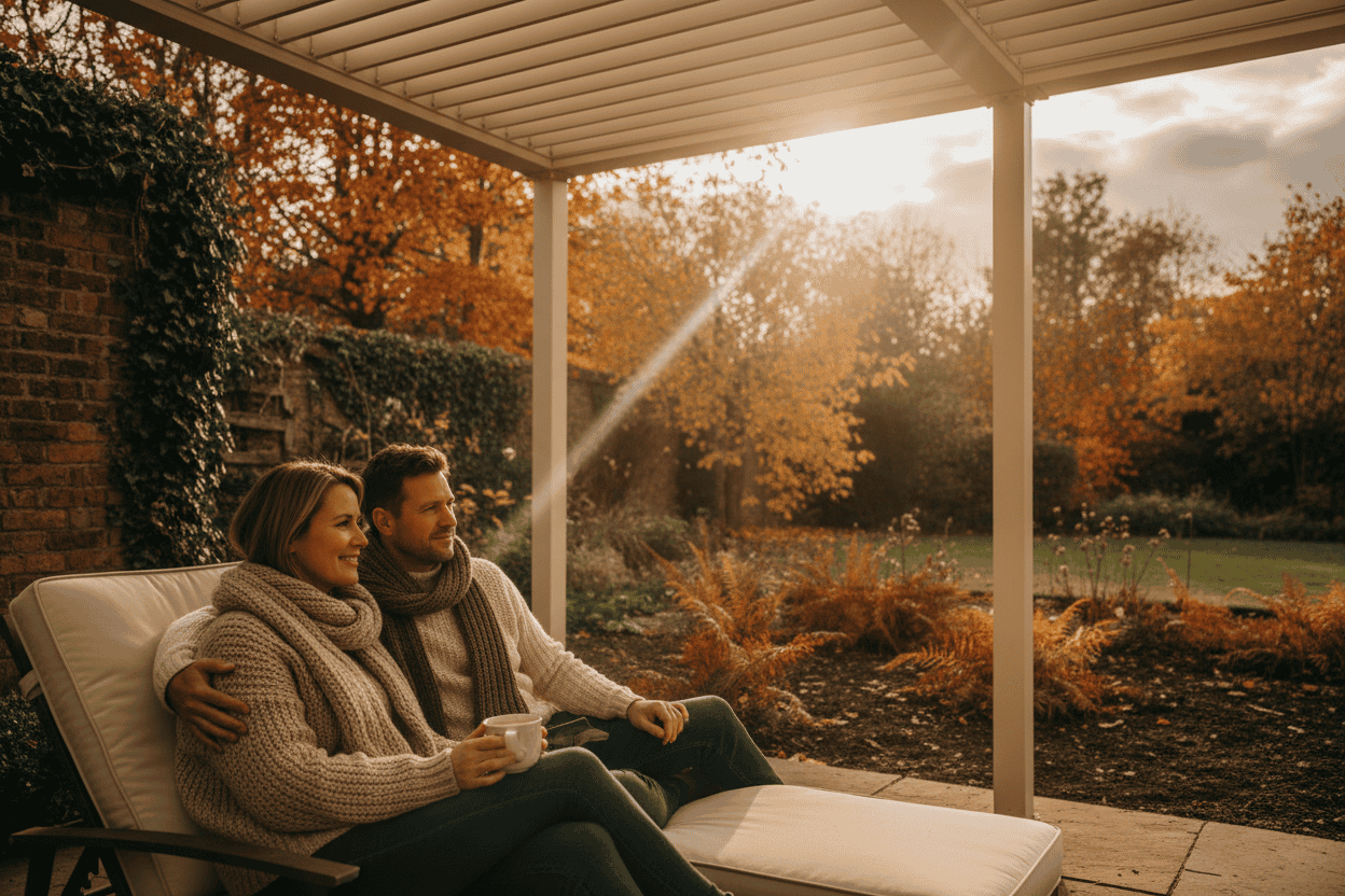 A photorealistic medium shot of a couple in their late 30s, dressed in warm knitwear, sharing a peaceful moment under a cream-coloured louvered pergola in a vibrant UK garden during Autumn. The late afternoon sun, breaking through clouds, casts a soft, golden light across the scene. They are seated on comfortable outdoor chairs, one holding a mug of tea, gazing at the garden. The pergola's partially open louvers allow dappled sunlight to fall on the patio. Behind them, the garden displays rich Autumn colours: fiery orange and yellow leaves, deep green ivy, and damp brown earth. The atmosphere is serene, intimate, and aspirational, showcasing extended outdoor living as the seasons change, with a warm colour palette of ochre, burnt orange, deep greens, and soft creams.