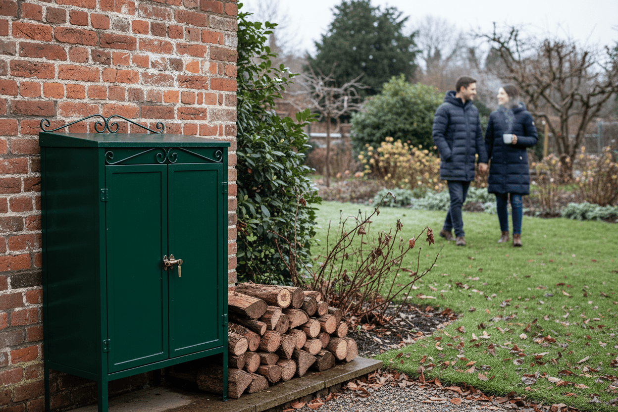 A photorealistic, eye-level shot of a cosy UK garden in winter. A dark green, elegant metal outdoor storage cabinet, with neatly stacked logs beside it, stands against a brick wall lightly dusted with frost. In the softly blurred background, two figures in warm winter coats walk across a damp, leaf-strewn lawn, one potentially holding a steaming mug, suggesting a leisurely return from a walk. Hardy evergreen shrubs and bare rose bushes dot the garden. The scene is illuminated by soft, natural daylight, typical of a crisp winter afternoon, highlighting the peaceful, everyday enjoyment of the outdoor space. The colour palette features rich greens, earthy browns, and muted winter tones, warmed by the distant figures.