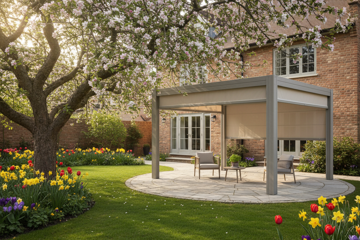 A photorealistic image of a modern, minimalist pergola made of light grey composite wood in a mature UK garden during late spring. The pergola features clean lines and a retractable fabric canopy and is situated on a paved patio. Natural daylight filters through the leaves of a large apple tree with delicate pink blossoms overhead. A lush green lawn and vibrant spring flowers, such as tulips and daffodils, surround the patio. The wide, slightly elevated shot captures the pergola as an extension of a house, creating an inviting outdoor room. The atmosphere is warm and aspirational, with soft greens, pale pinks, and neutral grey tones, bathed in diffused late afternoon sunlight. The background is subtly blurred with a shallow depth of field.