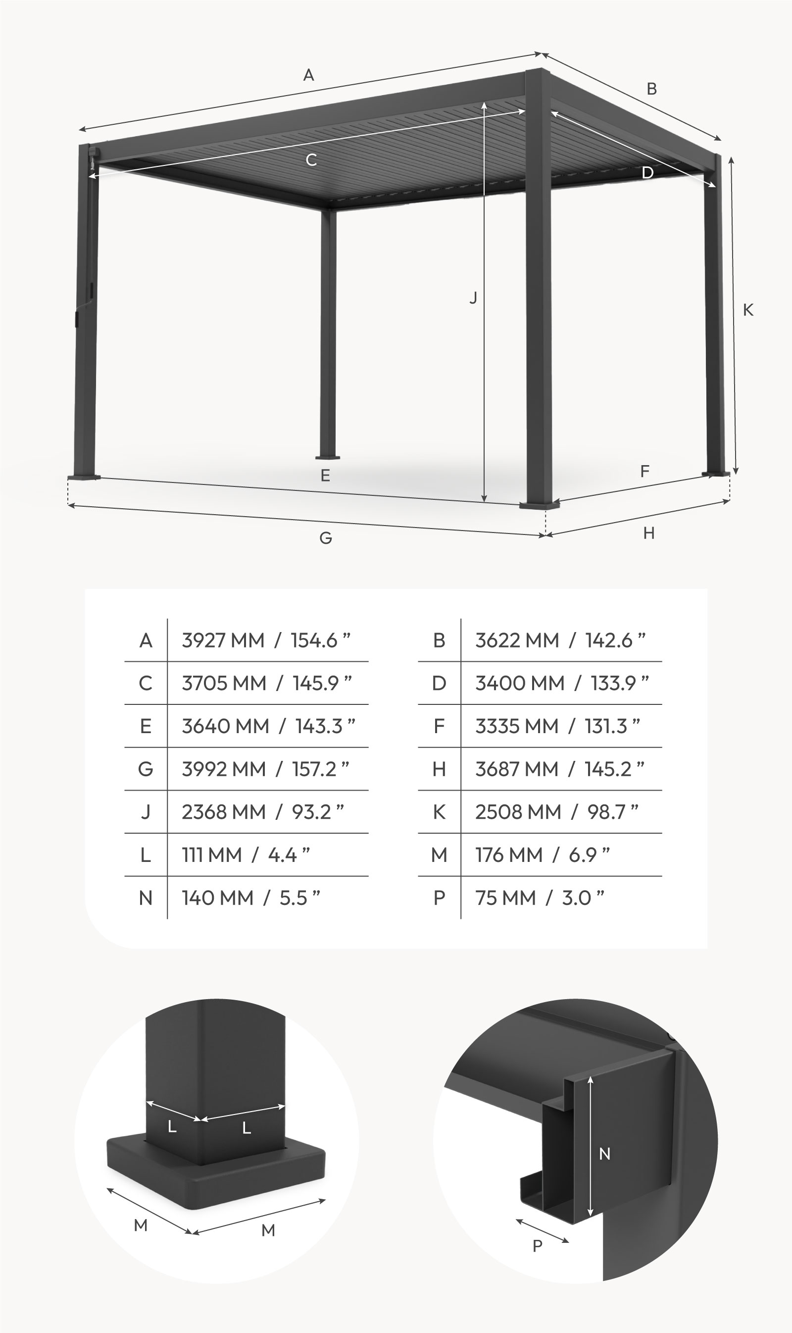 Nova - Titan Freestanding Aluminium Pergola - 4m x 3.6m Rectangular - Pebble thumbnail 6