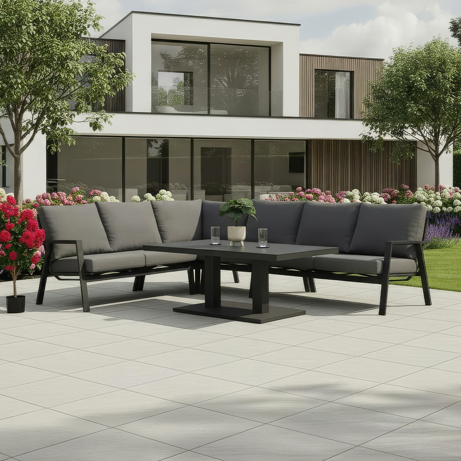 Nova - Zara L-Shaped Corner Sofa Lounge Dining Set with Rectangular Extending Rising Table thumbnail 1