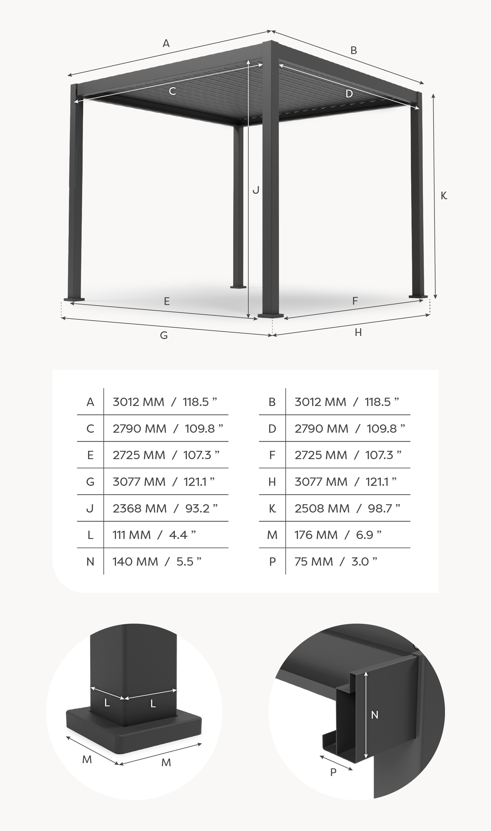 Nova - Titan LED Freestanding Aluminium Pergola - 3m x 3m Square - Grey thumbnail 9