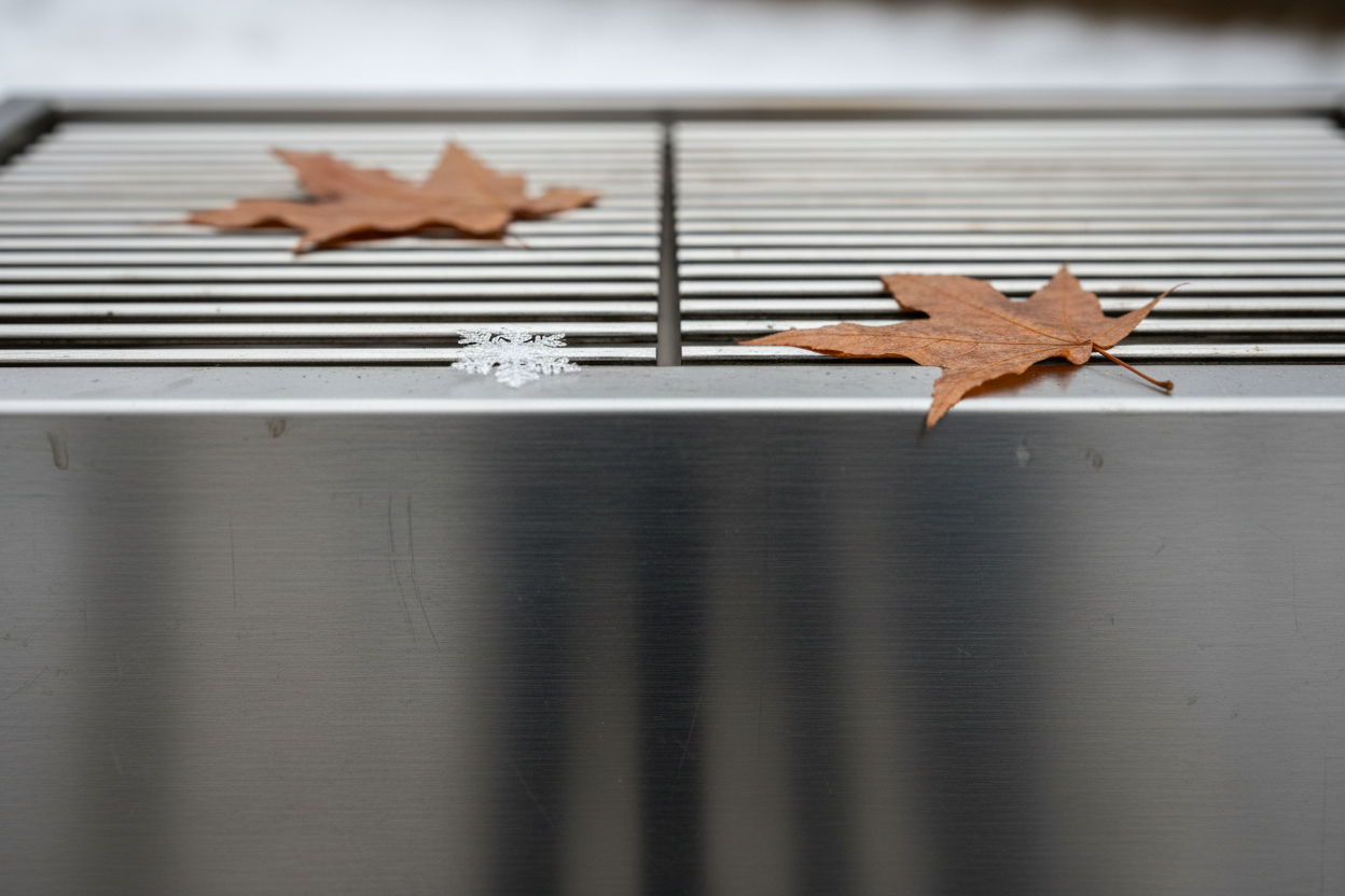 A close-up, photorealistic shot of the stainless steel grates and brushed metal finish of a modern charcoal BBQ. The focus is on the texture and quality of the materials, with a few damp autumn leaves and a single snowflake resting on the cool, metallic surface. Soft, natural daylight highlights the subtle imperfections and craftsmanship, emphasizing the robust construction and premium feel in a winter context. The color palette is cool and metallic with earthy brown and white accents.