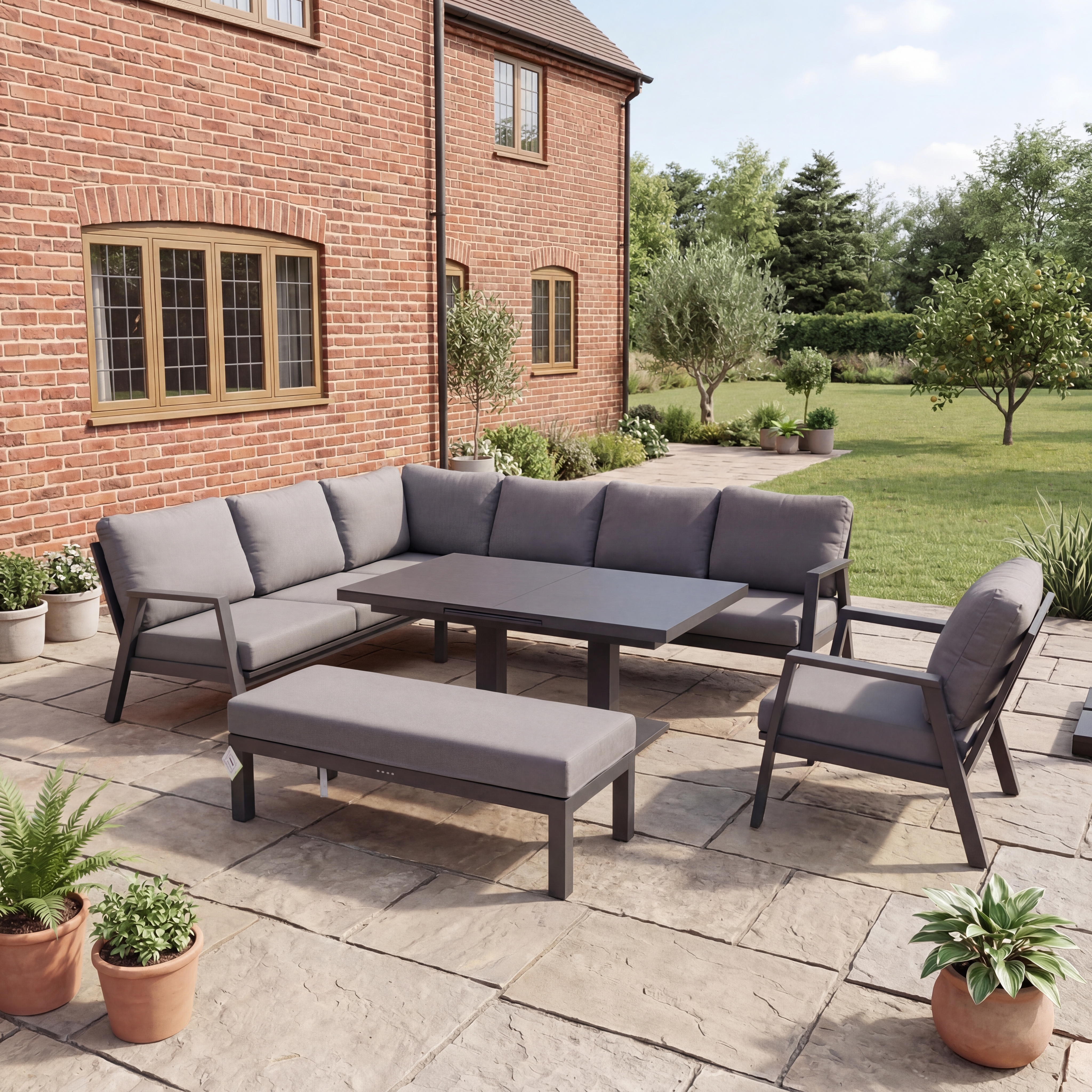 Nova - Phoenix L-Shaped Corner Sofa Lounge Dining Set with Armchair & Double Bench & Rectangular Extending Rising Table thumbnail 1