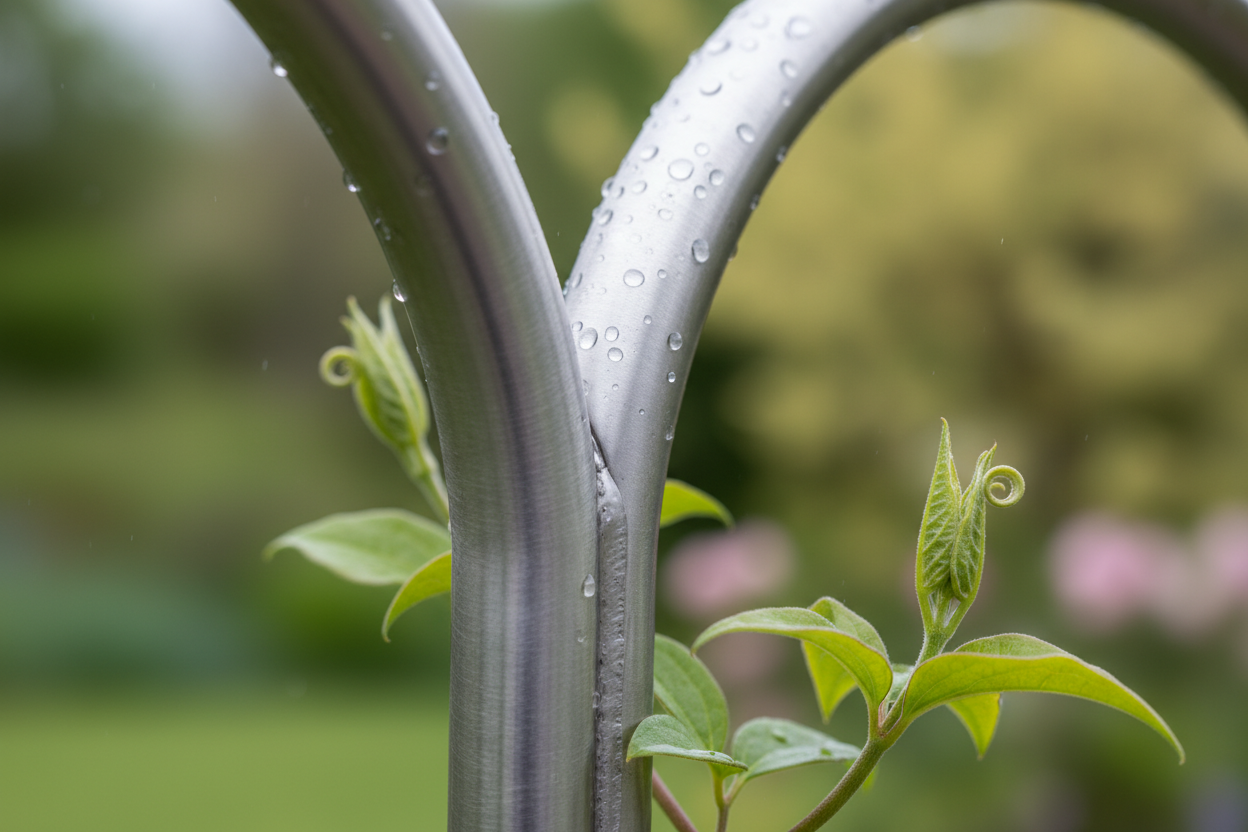 A photorealistic macro shot of the joint on a contemporary brushed stainless steel garden arch. The vertical support seamlessly connects to the curved top, highlighting the subtle horizontal texture of the metal. Dew drops glisten on the surface under soft, diffused spring afternoon light. In the foreground, a single, unfurling green clematis leaf with distinct veins is in sharp focus. The background is softly blurred, hinting at a vibrant spring garden. The image conveys modern elegance and material quality with its cool, metallic tones and fresh green accents.