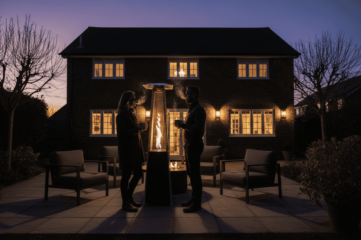 A photorealistic medium shot of a couple in their late 30s silhouetted against the warm glow of a tall patio heater in a UK garden on a chilly winter's evening. They stand a comfortable distance from the heater, holding steaming mugs, their breath faintly visible. The scene includes modern outdoor seating on a paved patio, with the silhouette of a traditional brick house and warm window lights in the background. The lighting mixes the heater's orange glow with the twilight blue and purple of the winter sky, creating a cozy and aspirational atmosphere.