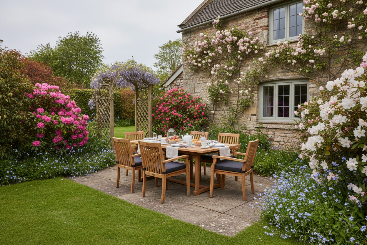 A photorealistic, aspirational wide shot of a modern outdoor dining set made from sustainable teak wood with charcoal grey cushions, set on a paved patio in a charming, slightly overgrown UK cottage garden. The scene is illuminated by soft, diffused light on a bright but overcast spring morning. Lush green lawn, pink and white blooming rhododendrons, and delicate forget-me-nots create a vibrant spring color palette. The elevated angle showcases the table for six and matching chairs, perfectly integrated into the garden, evoking a warm and welcoming atmosphere for early spring outdoor entertaining.