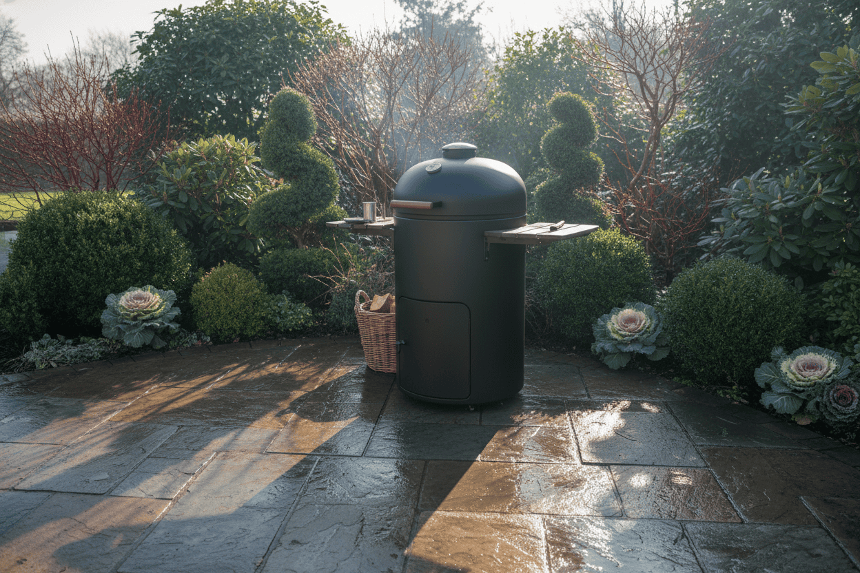 A photorealistic, wide-angle view of a sleek, matte black charcoal BBQ on a paved patio in a UK garden during winter. Evergreen shrubs, ornamental kale, and red-stemmed dogwood provide greenery and subtle colour. Soft, hazy afternoon sunlight casts long shadows, creating an inviting atmosphere of cozy anticipation for spring.