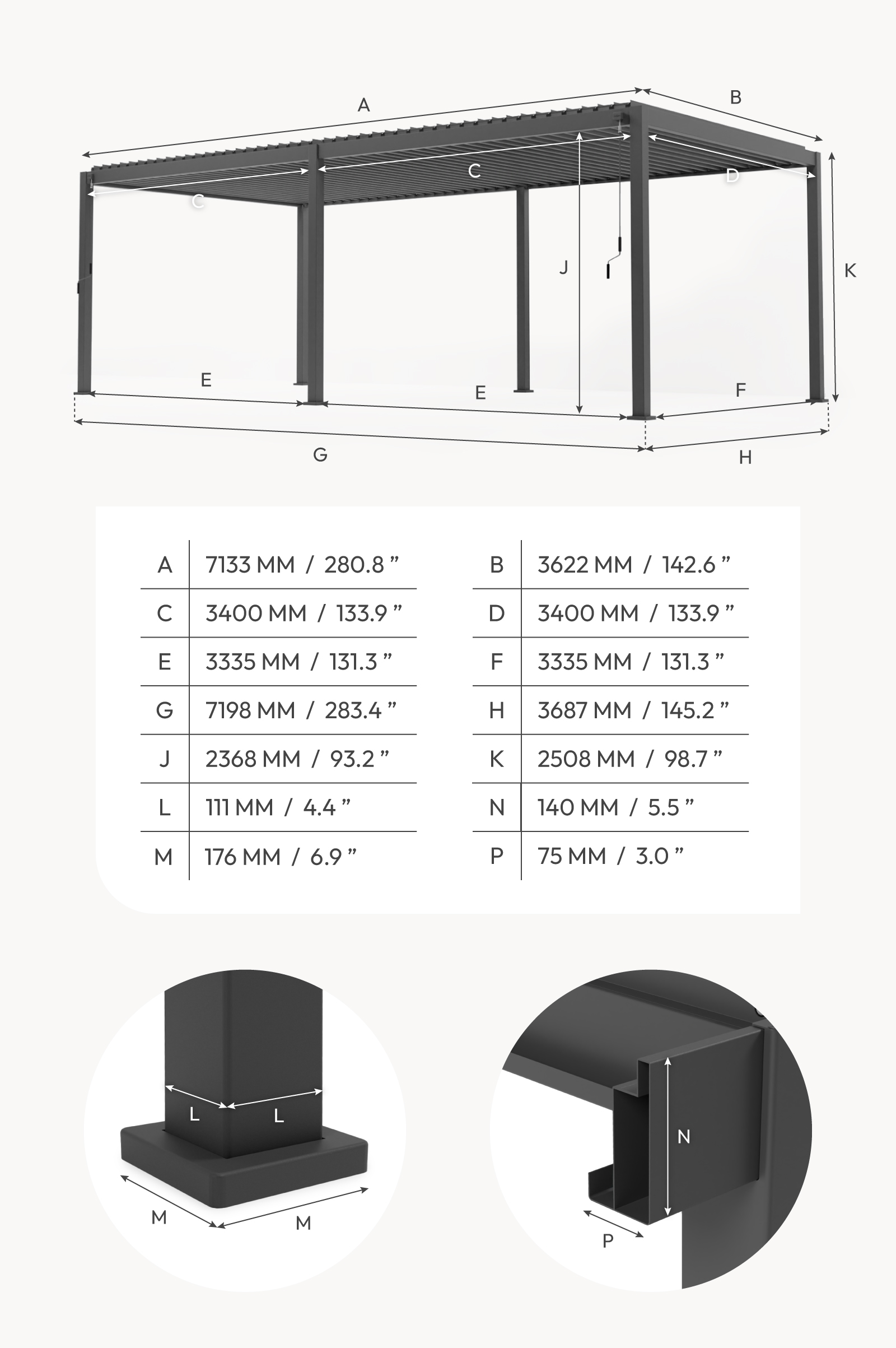 Nova - Titan Freestanding Aluminium Pergola - 7.2m x 3.6m Rectangular - Pebble thumbnail 4