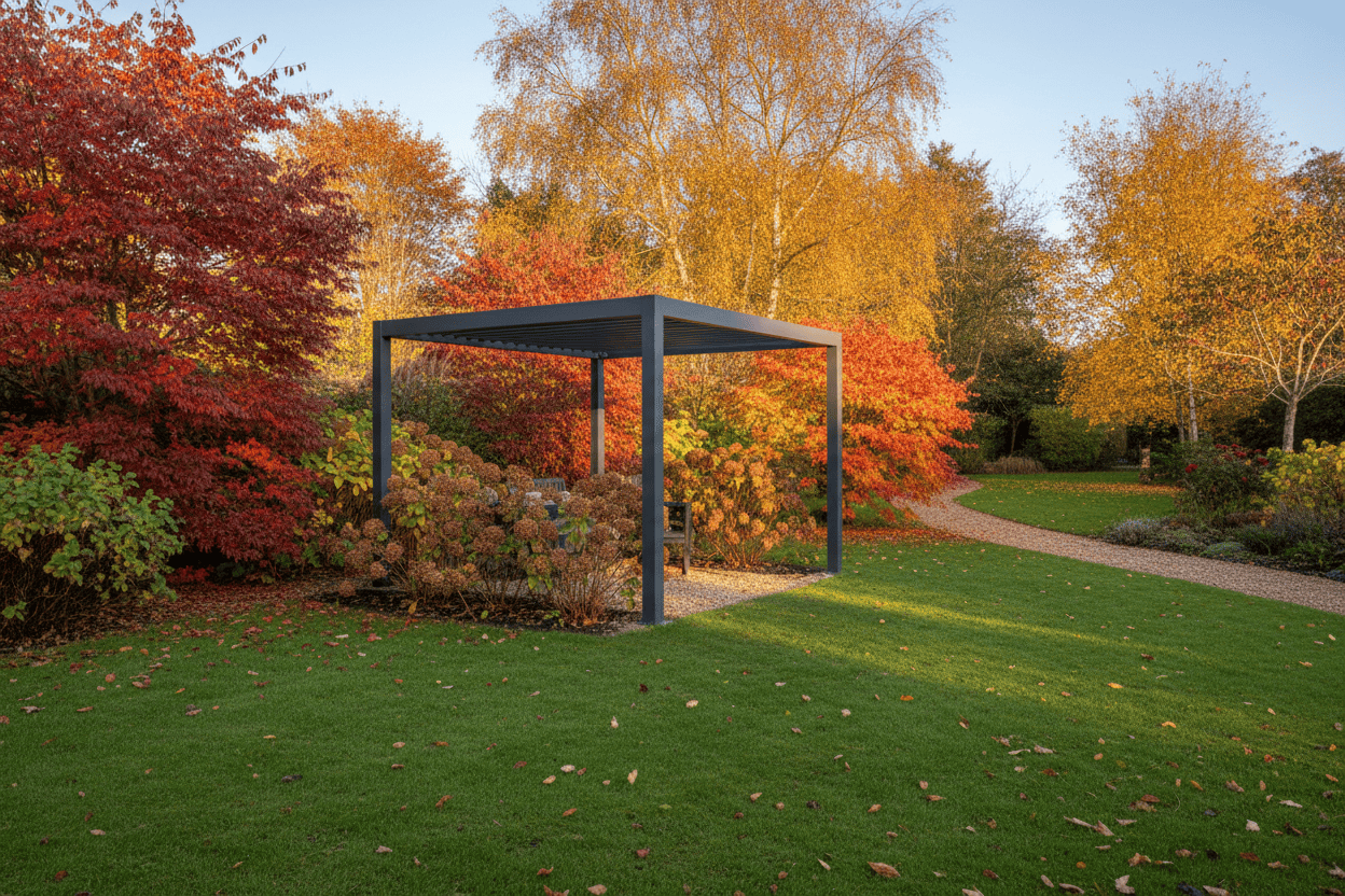 A wide, photorealistic view of a contemporary charcoal grey aluminium pergola (approximately 3m x 4m) situated in a mature UK garden during the soft, golden light of late afternoon autumn sun. Long shadows are cast across a manicured lawn scattered with fallen leaves. Vibrant foliage in deep red, burnt orange, and golden yellow surrounds the pergola, with a few late-season hydrangeas providing texture. The eye-level composition highlights the pergola as a focal point, with the garden extending invitingly into the background, creating a warm, serene, and aspirational atmosphere of preparing an outdoor space for seasonal changes.