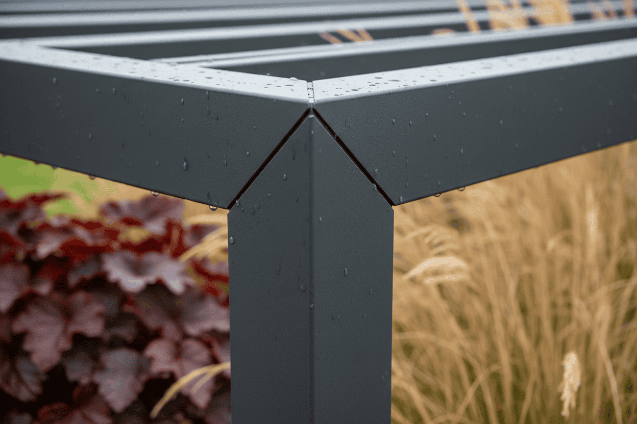 A photorealistic close-up of the corner joint of a modern, dark grey aluminium pergola. The focus is on the brushed texture of the metal and the precise engineering, with tiny droplets of dew glinting on the surface. In the blurred background, a sprig of deep red Heuchera and ornamental grasses hint at an Autumnal setting.