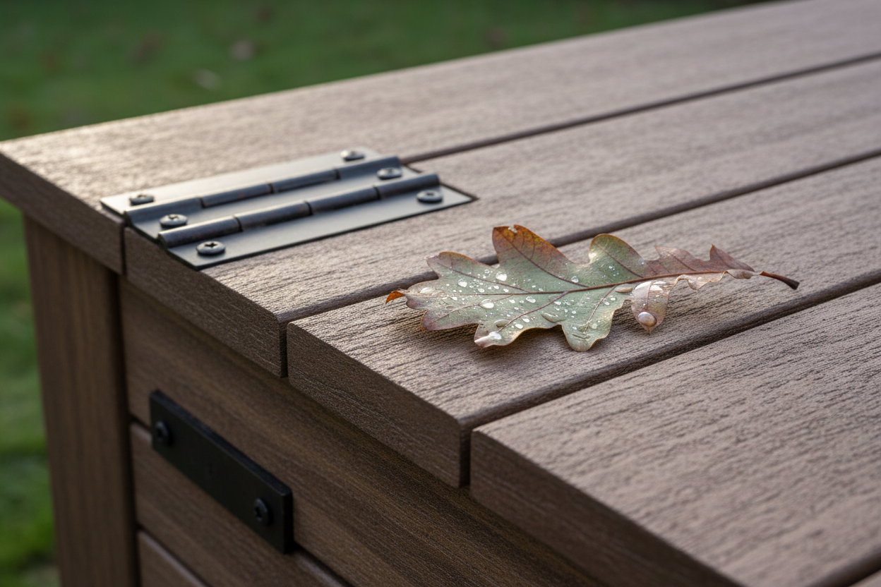 A close-up, photorealistic shot of the textured composite wood grain on the lid of an outdoor storage chest. The image highlights the tight seams, robust hinges, and a single dew-kissed oak leaf, suggesting the approaching winter. Soft natural daylight reveals the material's quality and tactile nature. The color palette is warm and earthy.