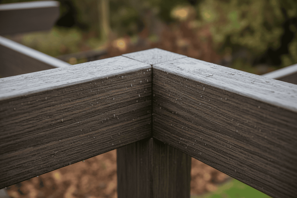 A photorealistic close-up of the corner joint of a modern timber-effect composite pergola. The image highlights the clean lines, realistic wood grain texture, and precise joinery of the material. Diffused natural daylight illuminates subtle color and texture variations, reminiscent of an overcast UK autumn morning. Dewdrops may be visible on the surface. The slightly blurred background shows muted greens and browns of autumnal garden foliage. The angle, slightly from above, emphasizes the quality of construction and materials. The color palette is rich and earthy, featuring deep browns, slate greys, and hints of mossy green.
