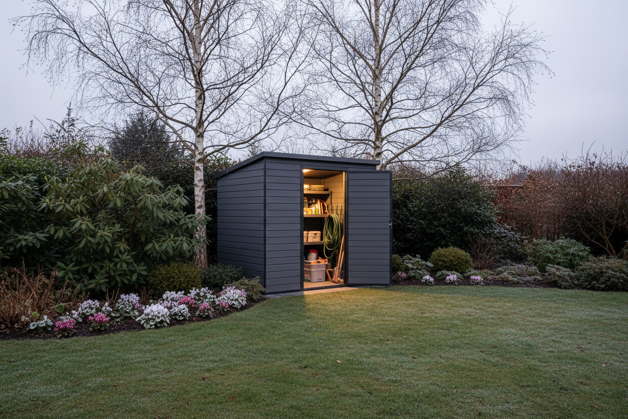 A photorealistic, wide-angle shot of a sleek, modern charcoal grey outdoor storage shed in a well-maintained UK garden during late autumn. Bare birch branches and frost-kissed evergreen shrubs like rhododendrons, along with hardy cyclamen, are visible. The soft, diffused light of a late November afternoon casts long shadows. The shed's door is slightly ajar. The image emphasizes practical winter garden storage with a warm, inviting atmosphere.