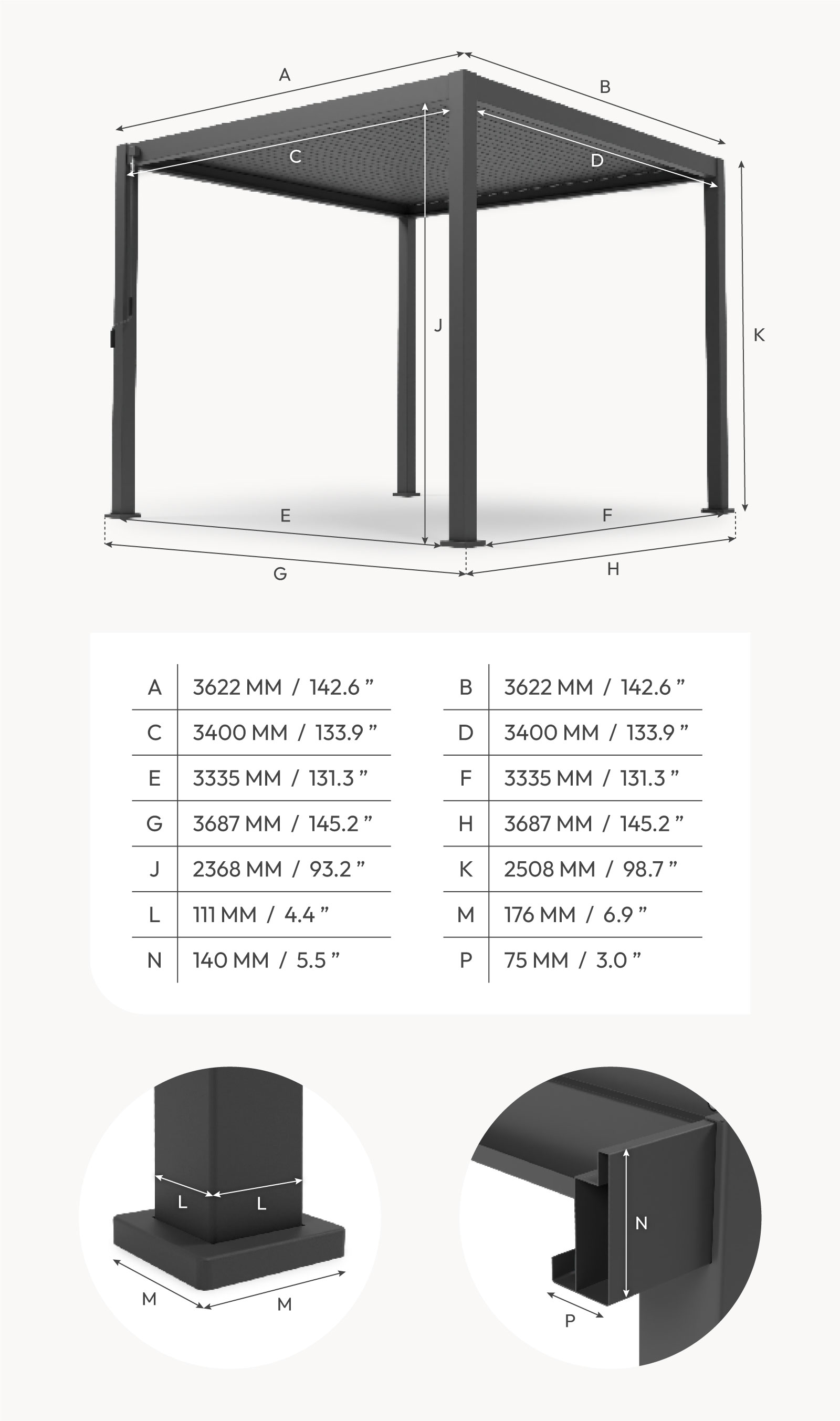 Nova - Titan Freestanding Aluminium Pergola - 3.6m Square - Grey thumbnail 9